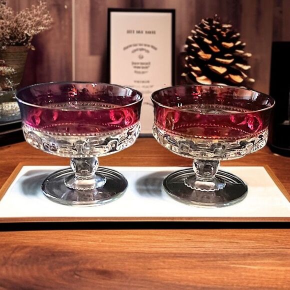 2 Kings Crown Thumbprint Sherbet Dishes Dish Set Ruby Red Flash Indiana Glass - Picture 16 of 16